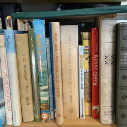 Boekenplank met diverse tweedehands boeken rechtop gerangschikt