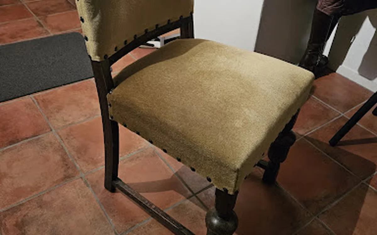 Tweedehands stoel met olijfgroene stofbekleding en zwart houten frame op terracottakleurige tegels
