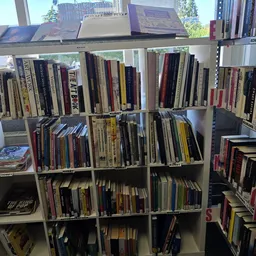 Witte stellingen met uitgestalde cd's en dvd's in rijen, georganiseerd per plank.