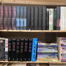 Boekenkasten met tweedehands boeken, DVD's en films netjes uitgestald op twee niveaus