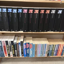 Houten stellingen met dvd-boxsets bovenin en losse dvd's en blu-rays onderop