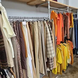 Rekken met tweedehands kleding in verschillende kleuren: bruinen, witte, beige, oranje, gele en blauwe kledingstukken op hang