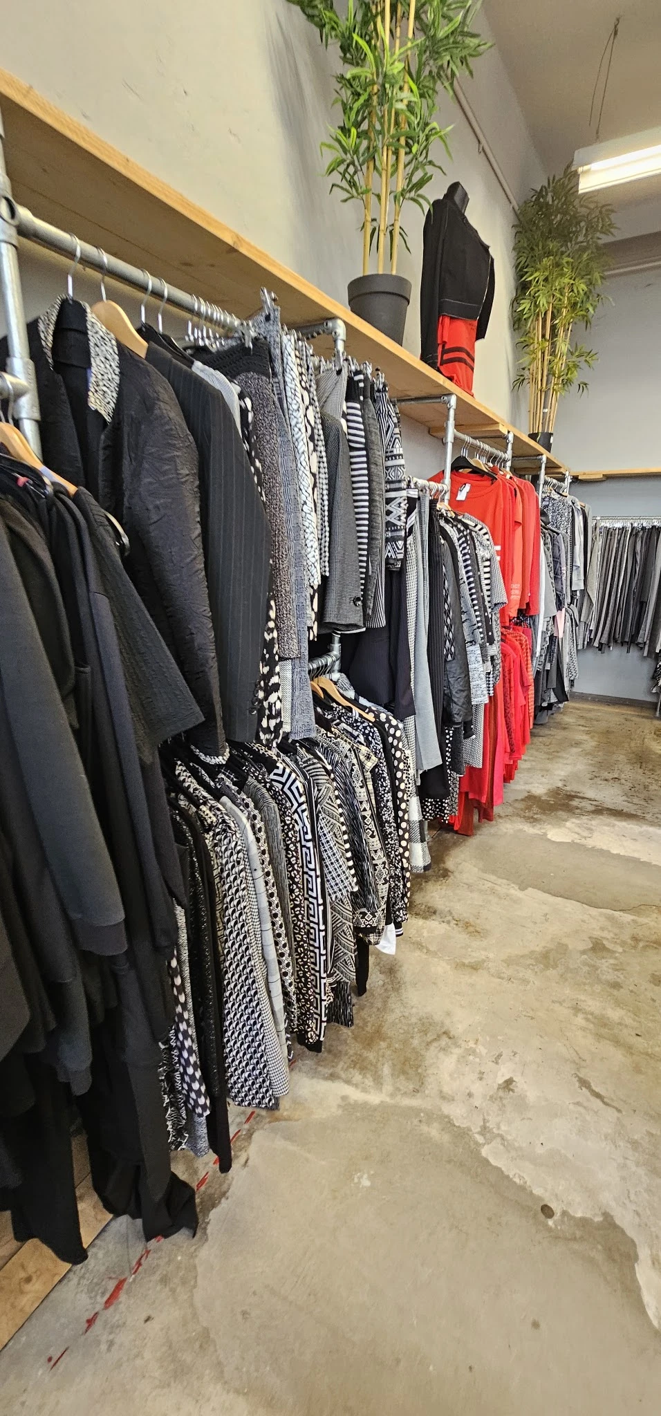 Rekken met tweedehands dameskleding in verschillende kleuren en patronen