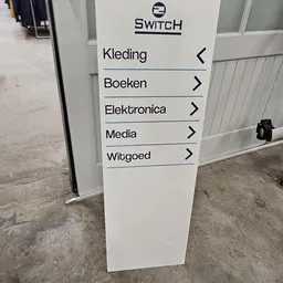 Witbordje met pijlen naar winkelafdeling-categorieën: Kleding, Boeken, Elektronica, Media, Witgoed
