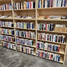 Houten boekenkast met dvd's en blu-rays netjes uitgestald op meerdere niveaus