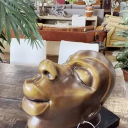 Goudkleurig bronzen borstbeeld van een man op houten tafel in de winkel