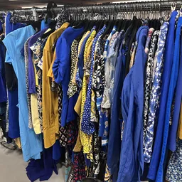 Rekken met tweedehands dameskleding in blauwe, gele en zwarte tinten