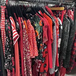 Rekken met tweedehands dameskleding in verschillende kleuren en patronen, vooral rood, zwart en geruit