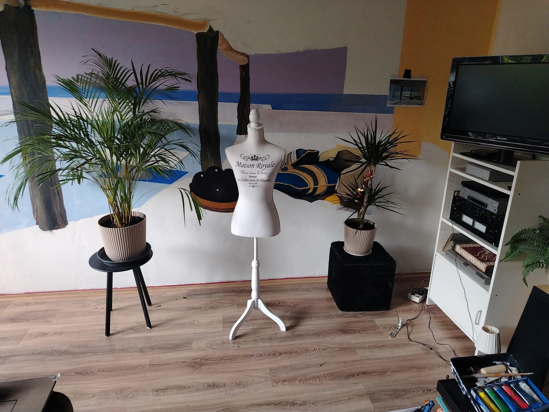 Winkelinterieur met houten vloer, mannequin, planten in potten, tv en meubels