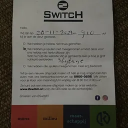 Tekstdocument met openingsuren en contactgegevens van 2Switch