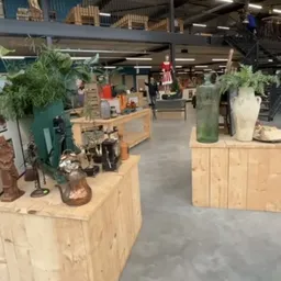 Winkelvloer met houten tafels waarop planten in potten en diverse spullen uitgestald, zicht op meerdere afdelingen