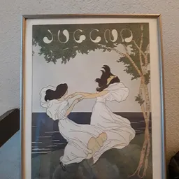 Art nouveau-stijl schilderij in lijst met twee vrouwen in witte kleding bij water onder bomen