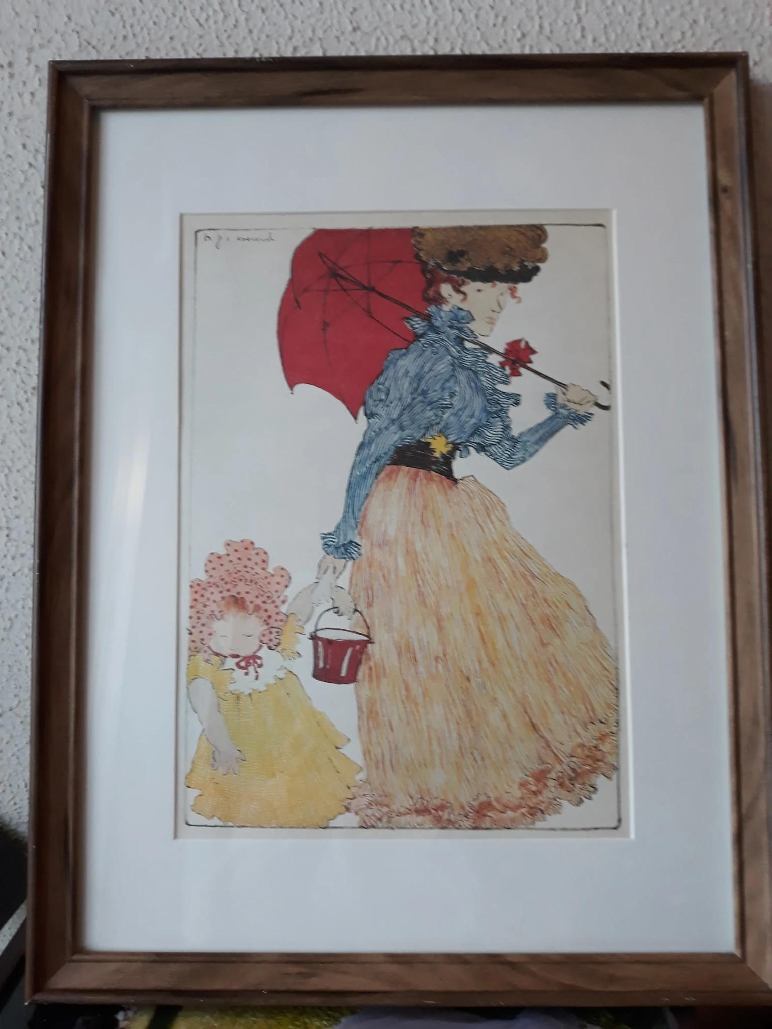 Ingelijste vintage illustratie van een vrouw met paraplu en kind in gele jurk