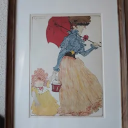 Ingelijste vintage illustratie van een vrouw met paraplu en kind in gele jurk