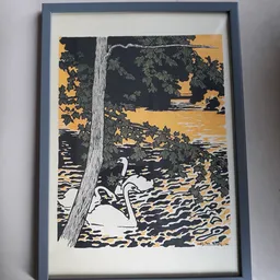 Kunstwerk met twee zwanen op water, geprint in geel, zwart en wit