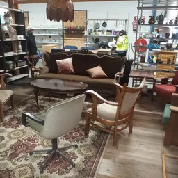 Winkelvloer met bruine bank, houten stoelen, salontafel en boekenkasten met diversen spullen
