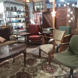 Ingerichte zithoek met vintage meubels, fauteuils en een salontafel op een oosters tapijt