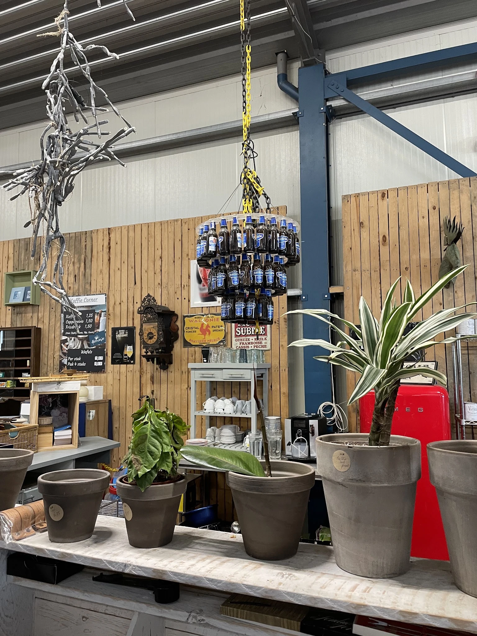 Binnenkant kringloopwinkel met houten wand, hangend decoratief item, plantenbakken en rode retro-koelkast