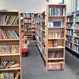 Boekenrekken met dvd's en boeken in een kringloopwinkel