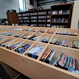 Houten sorteerkast met veel vakken gevuld met DVD's en blu-rays, op de achtergrond boekenkastjes