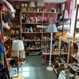 Overzicht van kringloopwinkel met houten kasten, diverse huishoudelijke spullen, lampen en decoratie