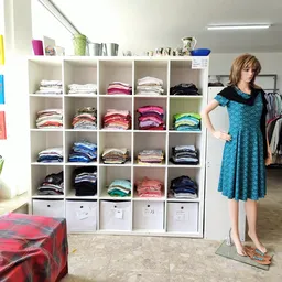 Interieur van tweedehandswinkel met kastruimte, kledingrekken en etalagepop in turquoise jurk
