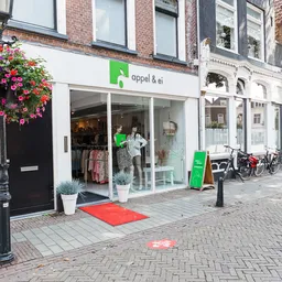 Winkelgevel van kringloopwinkel Appel & Ei met witte pui, groene accenten en bloemenhangende mand