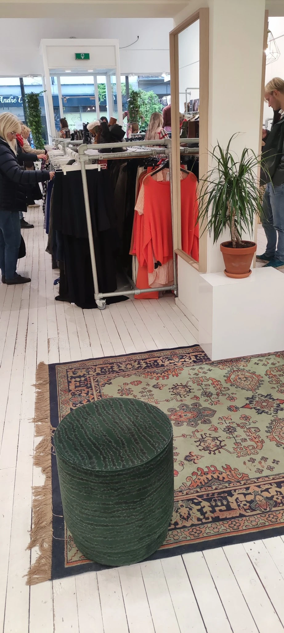 Winkelvloer met kleding op rekken, decoratief tapijt en potplant