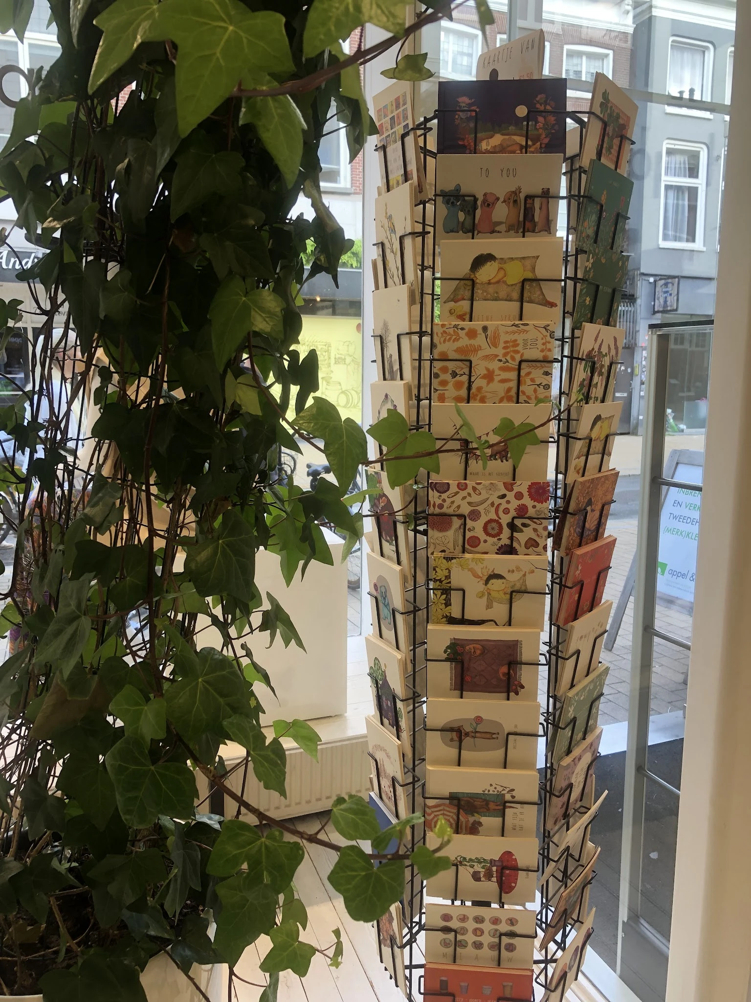 Verticale displayrek met vintage kaarten en ansichtkaarten, links een groene plant