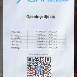 Openingstijden tabel met dagelijkse uren en QR-code voor Facebook