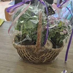Rieten mand met kunstplanten en decoratieve items, verpakt in cellofaan met paarse linten