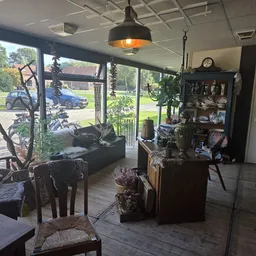 Winkelbinnenruimte met meubels, decoratie en plantenstandaarden langs grote ramen met uitzicht op parkeerterrein