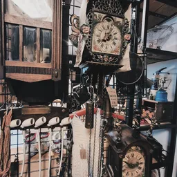 Winkelbinnenkant met diverse tweedehands artikelen: oude klok, houten meubels, een fietskratje en decoratieve items