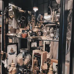 Vitrinekast met antieke en vintage huishoudartikelen, servies, kannen en decoratieve objecten