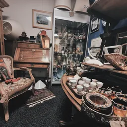 Interieur van kringloopwinkel met vintage meubels, serviesgoed, decoratie en spullen op stellingen