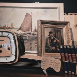 Vintage huishoudartikelen: schilderij met zeilboot, klok, portret in lijst, boeken en decoratieve voorwerpen.