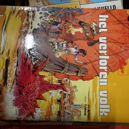 Tweedehands boeken en strips gestapeld op elkaar, waaronder een oranje boek met illustraties