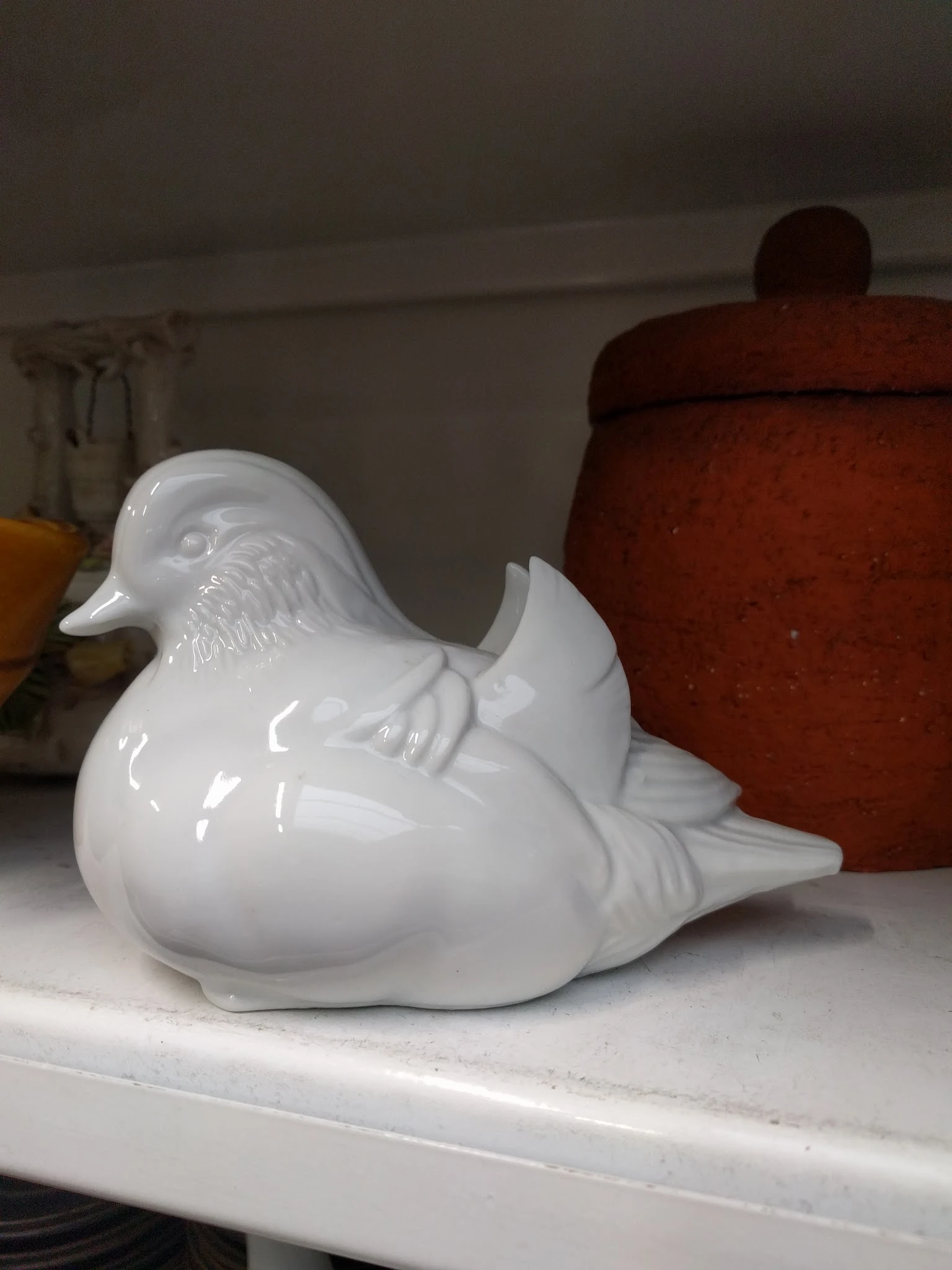 Witte glanzende porseleinenen eend als decoratief object, scherp gefotografeerd