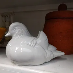 Witte glanzende porseleinenen eend als decoratief object, scherp gefotografeerd