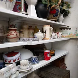 Witte stellingen met servies, keramiek en huishoudartikelen in een kringloopwinkel