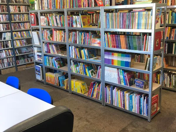 Boekenkasten met uitgestalde boeken in verschillende kleuren en formaten in een boekenwinkel