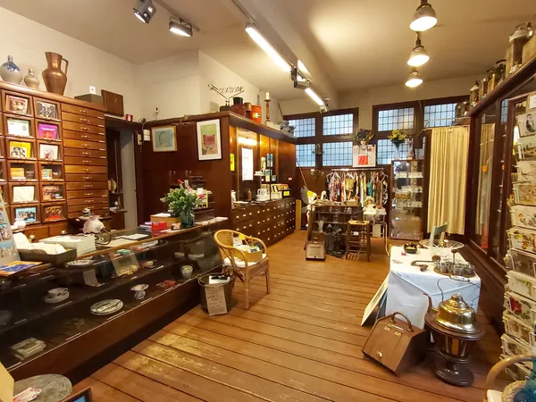 Ruim, licht winkelinterieur met houten vloer, diverse houten kasten, vitrines en uitgestalde curiosa en antieke spullen