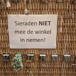 Wit bord met Nederlandse tekst 'Sieraden NIET mee de winkel in nemen!' tegen houten wand