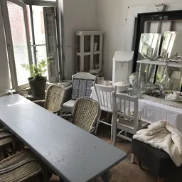Winkelbinnenruimte met tafels, stoelen, spiegels, planten en diverse huisraad op tafels en stellingen