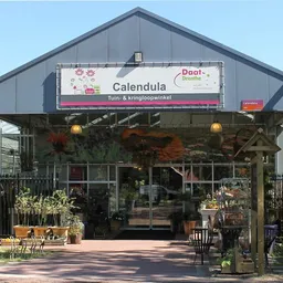 Voorgevel van Calendula tuin- en kringloopwinkel met glazen deuren, plantenbakken en terras