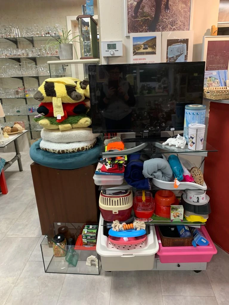 Diverse tweedehands huishoudelijke artikelen en speelgoed op een tafel en standaard in de winkel