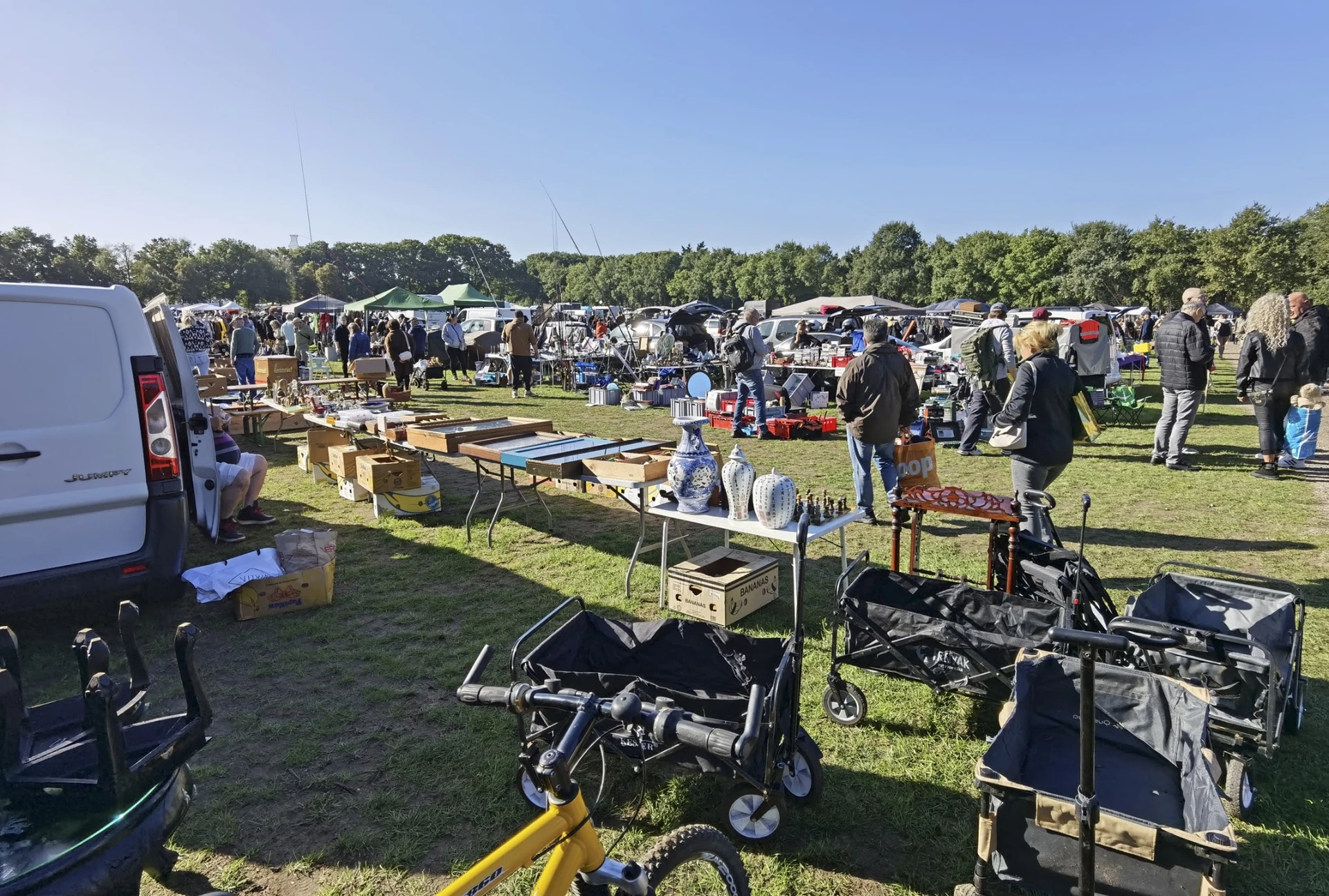 Carbootsale op grasveld met veel standhouders, tafels met spullen en bezoekers op zonnige dag