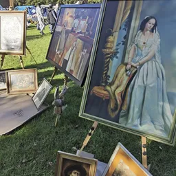 Tweedehands kunstwerken en schilderijen op gras bij een kringloopmarkt, waaronder portret van vrouw en klassieke kunstwerken 