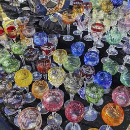 Verzameling gekleurde kristallen glazen en drinkglazen op een zwarte ondergrond