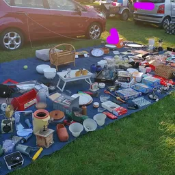 Uitgestalde tweedehands spullen op blauwe dekens op het gras tijdens carbootsale, met auto's en tenten op de achtergrond